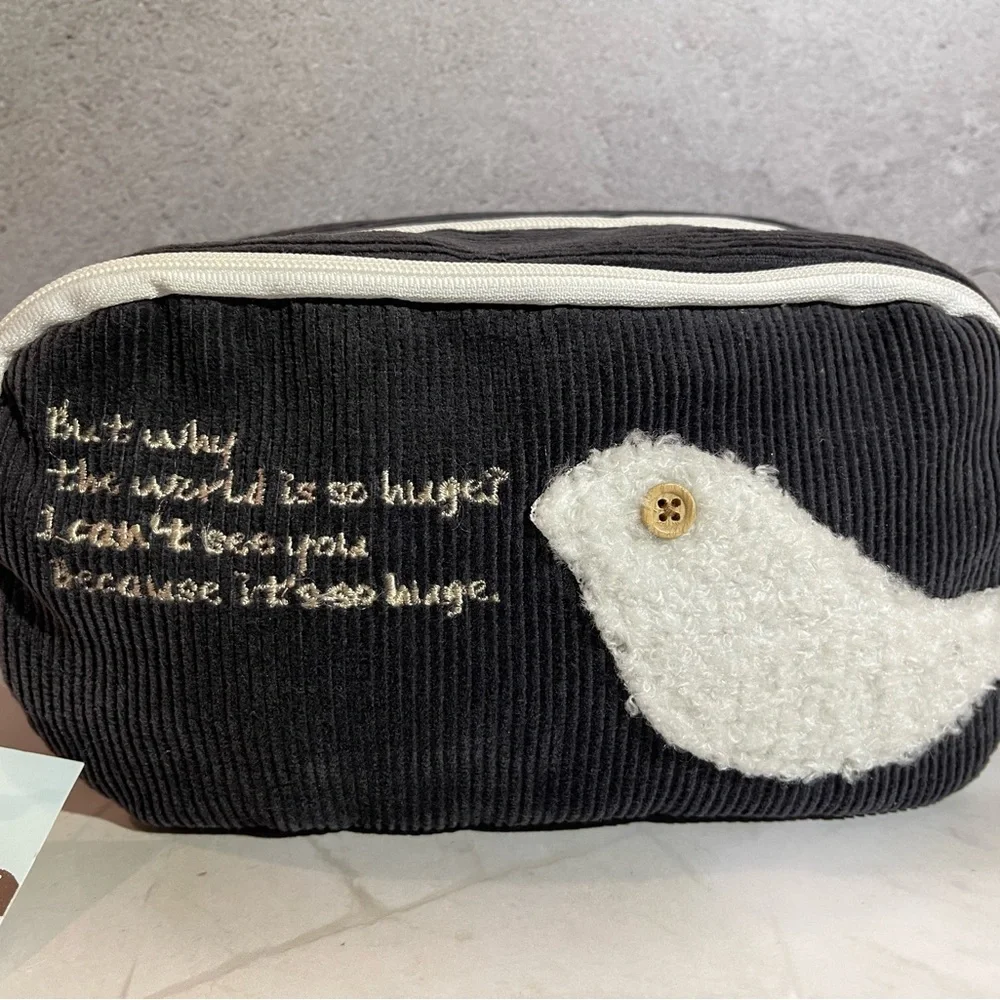 Adante iMark Black Corduroy Pouch White Bird Dead Stock RARE FIND Japan